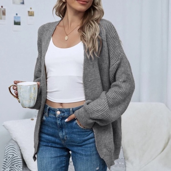 Sweaters - Soft knit drop shoulder oversized cardigan sweater gray